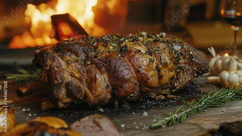 Get ready for a mouthwatering experience with this fireside roast lamb slowcooked over open flames and filled with smoky aromatic flavors. photo