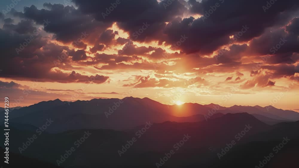 A breathtaking view of darkened mountain ranges against a fiery sky.