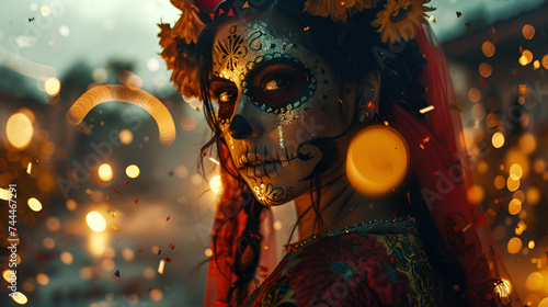 Woman wearing day of the dead costume  Horizontal shot of scary woman with painted lips and dark circles around eyes looks away  Day of The Dead. Halloween costume and make-up  Generative AI