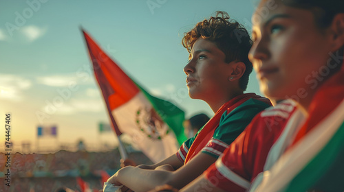 Beautiful man waving Mexican flag on green background, mexican boy friends at independence day in Mexico holding a flag of Mexico, Generative Ai photo