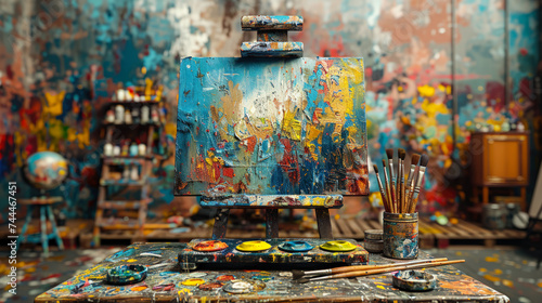 A Colorful and Inspiring Mockup with Paintbrushes and Palette in an Artist Room with a Sunlight Window