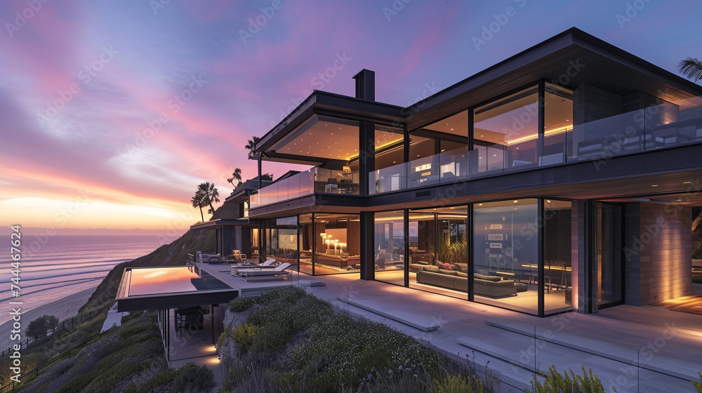 Contemporary beachfront residence at sunset, showcasing sleek exterior design, expansive glass windows, and a seamless integration with the natural surroundings