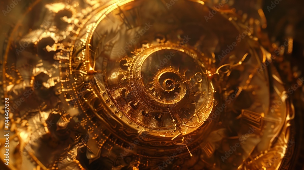 Elegant clock scene, with gold elements, abstract, post-apocalyptic style, orange-brown, Wiccan, spiral, rough textures, soft-focus.