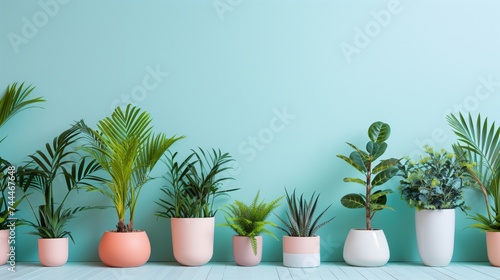 Various green houseplants on the sides with space in the center for text. Pastel-colored background. Realistic.