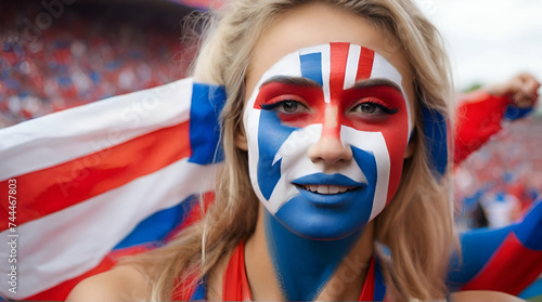 Happy Russian woman supporter with face painted in Russia flag colors, white blue and red, Russian fan at a sports event such as football or rugby match, blurry stadium background, copy. generative.ai