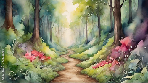 Enchanting wild forest path with watercolor effect. Wall art wallpaper. generative.ai