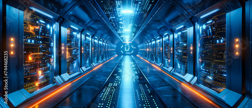 In a symphony of connectivity and futuristic design, this digital networking room embodies the pulse of modern technology, where data and light converge in a blueprint of tomorrow photo