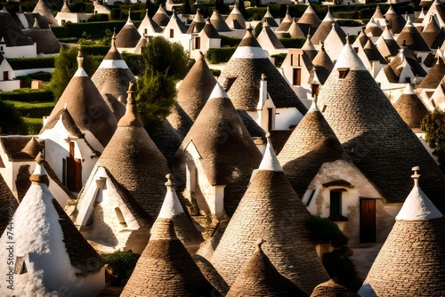 Conical roofs of trulli in Alberobello.. Each trullo is decorated with pinnacle and symbol . Conical roofs of trulli in Alberobello