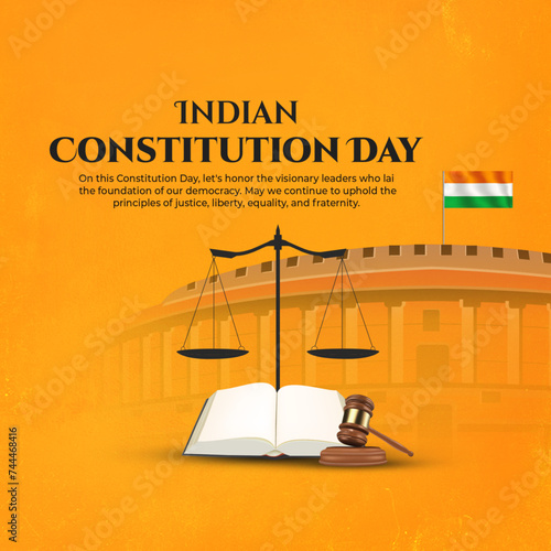 Indian Constitution Day card with an orange background, featuring a scale and book. Honors the adoption of the Constitution with a message of justice and equality