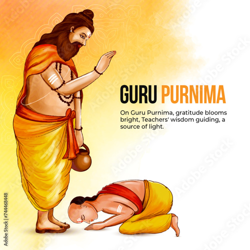 Guru Purnima greeting card featuring a guru blessing a disciple with an orange background. Celebrates the day of reverence for mentors and teachers with a message of respect and gratitude