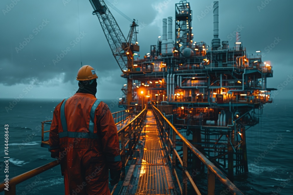 Solitary worker in protective gear gazes at a brightly lit offshore oil rig against the evening sky.