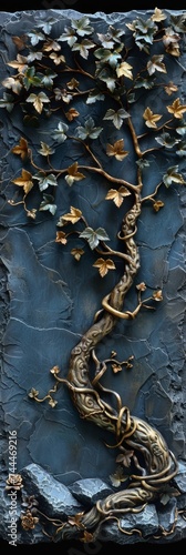 Tree on Dark Background in the Style of Decorative Relief - Realistic Fantasy Artwork made of Vine - Light Azure and Bronze Carved Surface Nightmare Illustration created with Generative AI Technology