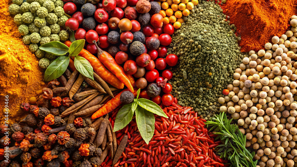 Fototapeta premium a lot of paprika, pepper, greens, spices in bulk, background, texture