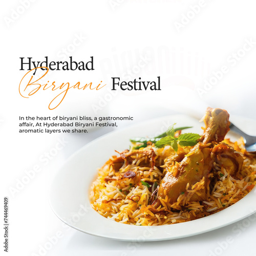 Hyderabad Biryani Festival Poster - Biryani Dish: Promote the Hyderabad Biryani Festival with this appetizing poster featuring a delicious biryani dish, highlighting the culinary event.