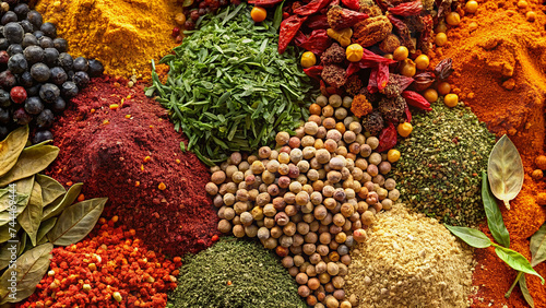 a lot of paprika, pepper, greens, spices in bulk, background, texture