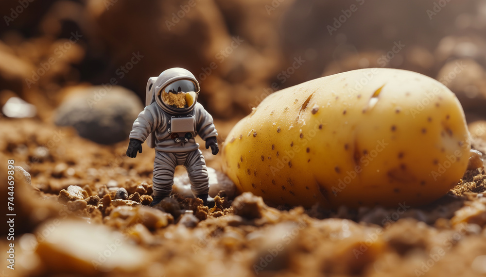 驚き、サプライズ、意外性を表現したアート。宇宙で巨大じゃがいもと遭遇したシチュエーション。 驚き、サプライズ、意外性を表現したアート。宇宙で巨大じゃがいもと遭遇したシチュエーション。