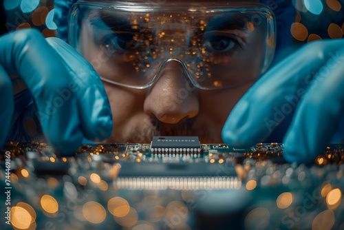 A male design engineer in sterile coveralls carefully inspects a microchip while wearing gloves inside a factory environment.