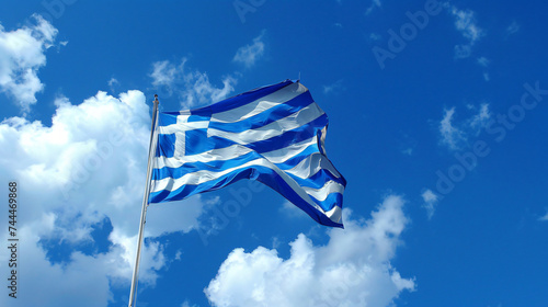 Greek flag waving over blue sky