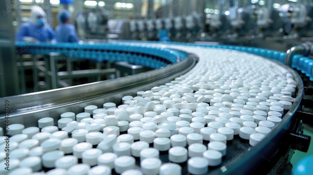 Obraz premium Pharmaceutical production line: medical vials and tablets manufacturing, automated process of drug production in modern pharmaceutical facilities, ensuring quality and efficiency