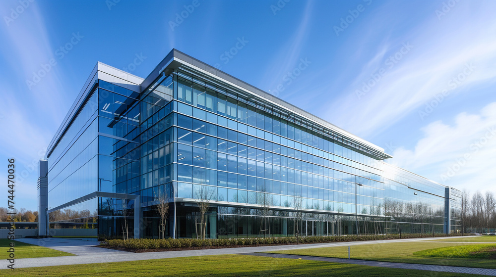 High-tech corporate headquarters with a reflective glass facade, highlighting the sleek lines and contemporary aesthetics of modern office architecture