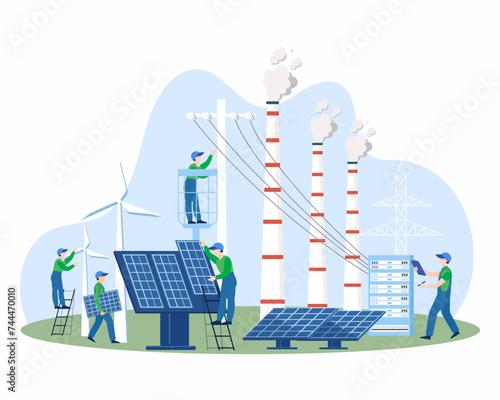 Solar power plant maintenance worker stand on ladder near solar panel to installing sunny panel renewable electricity.  photo