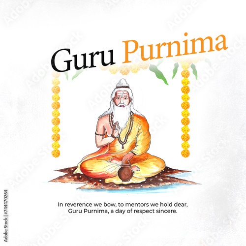Guru Purnima greeting card featuring a guru illustration, festive decorations, and a respectful message. Celebrates the day of reverence for mentors and teachers. Ideal for honoring spiritual guides