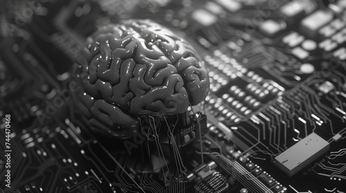 Cybernetic brain integrated with circuit board representing machine learning and cybersecurity. Perfect for tech websites, AI development, or educational infographics.