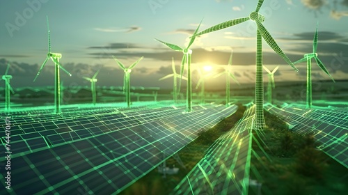 Green Solar Energy and Wind Turbines in Stylized Ray Tracing and Neon Grids photo