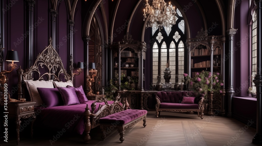 Gothic-inspired Bedroom with Soft Plum Walls and Victorian Grandeur Design a gothic-inspired bedroom with soft plum walls