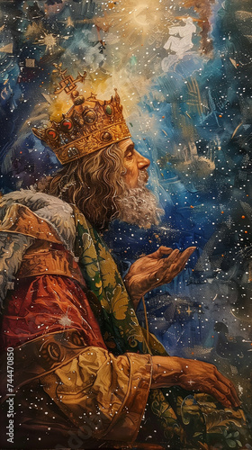 Majestic painting of a king in cosmic surroundings, perfect for historical themes or fantasy book covers. © Blue_Utilities