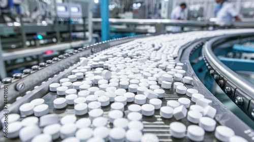 Pharmaceutical production line: medical vials and tablets manufacturing, automated process of drug production in modern pharmaceutical facilities, ensuring quality and efficiency
