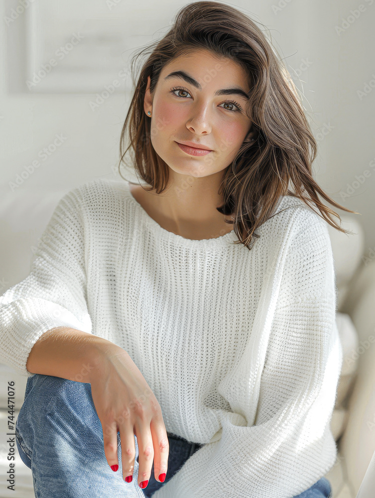 Naklejka premium Pensive woman in a white sweater and jeans, seated against a bright background with a thoughtful expression.