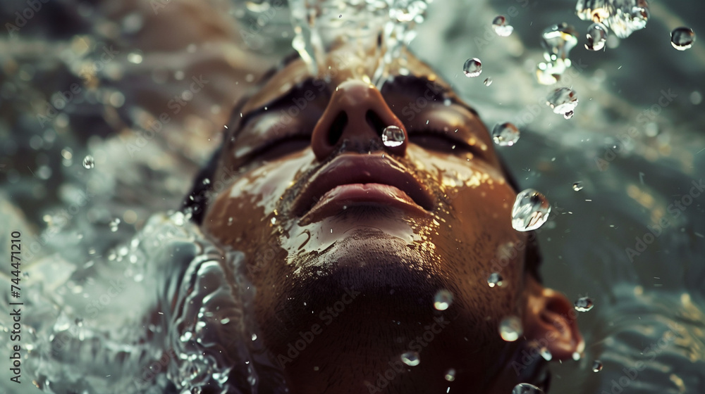 Serene male face submerged in water with bubbles, perfect for spa and wellness themes and aquatic designs