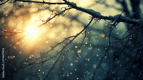 Winter branches with sparkling snowflakes during sunrise, serene nature scene. Suitable for holiday season advertising and tranquil wallpapers.