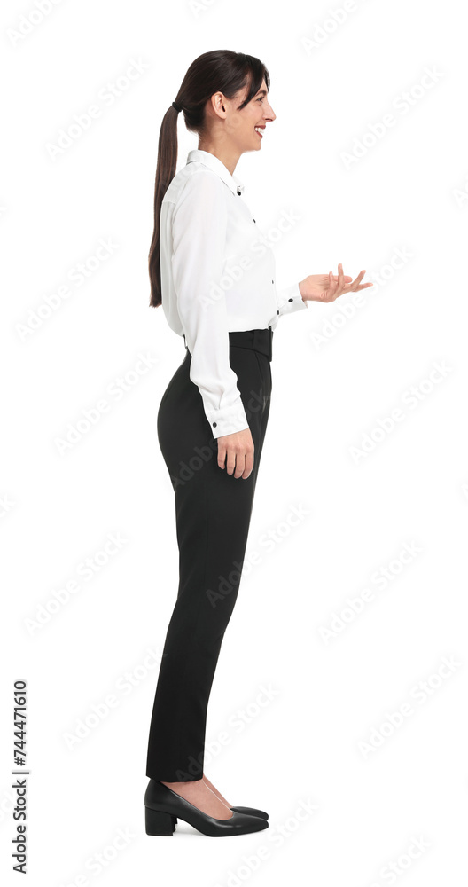 Happy businesswoman in shirt and black pants on white background Happy businesswoman in shirt and black pants on white background