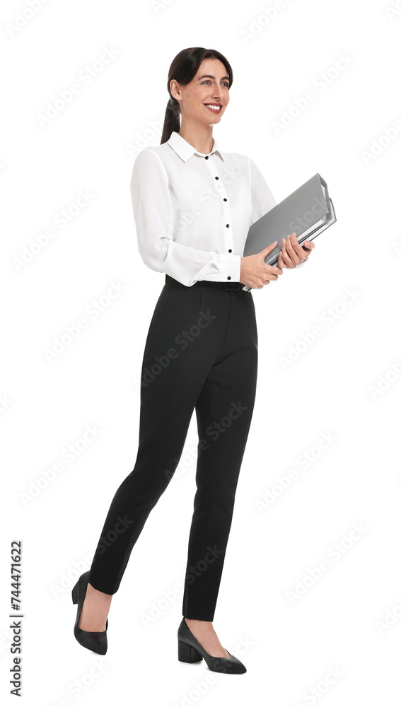 Happy businesswoman with folders on white background Happy businesswoman with folders on white background