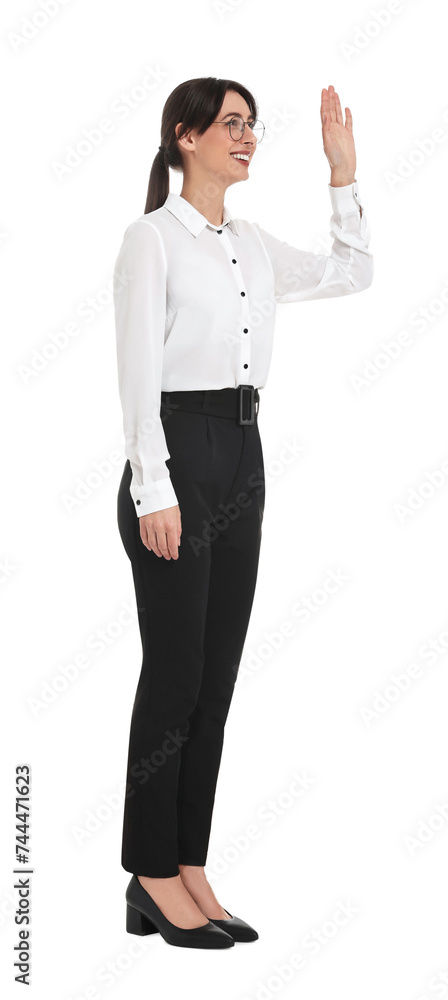 Happy businesswoman in glasses greeting someone on white background Happy businesswoman in glasses greeting someone on white background