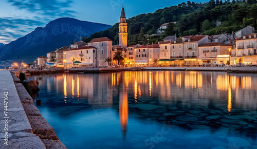 Bezaubernden adriatischen Stadt am türkisfarbenen Meer am Abend, Generative AI