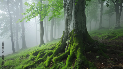 Green tree trunk in foggy forest