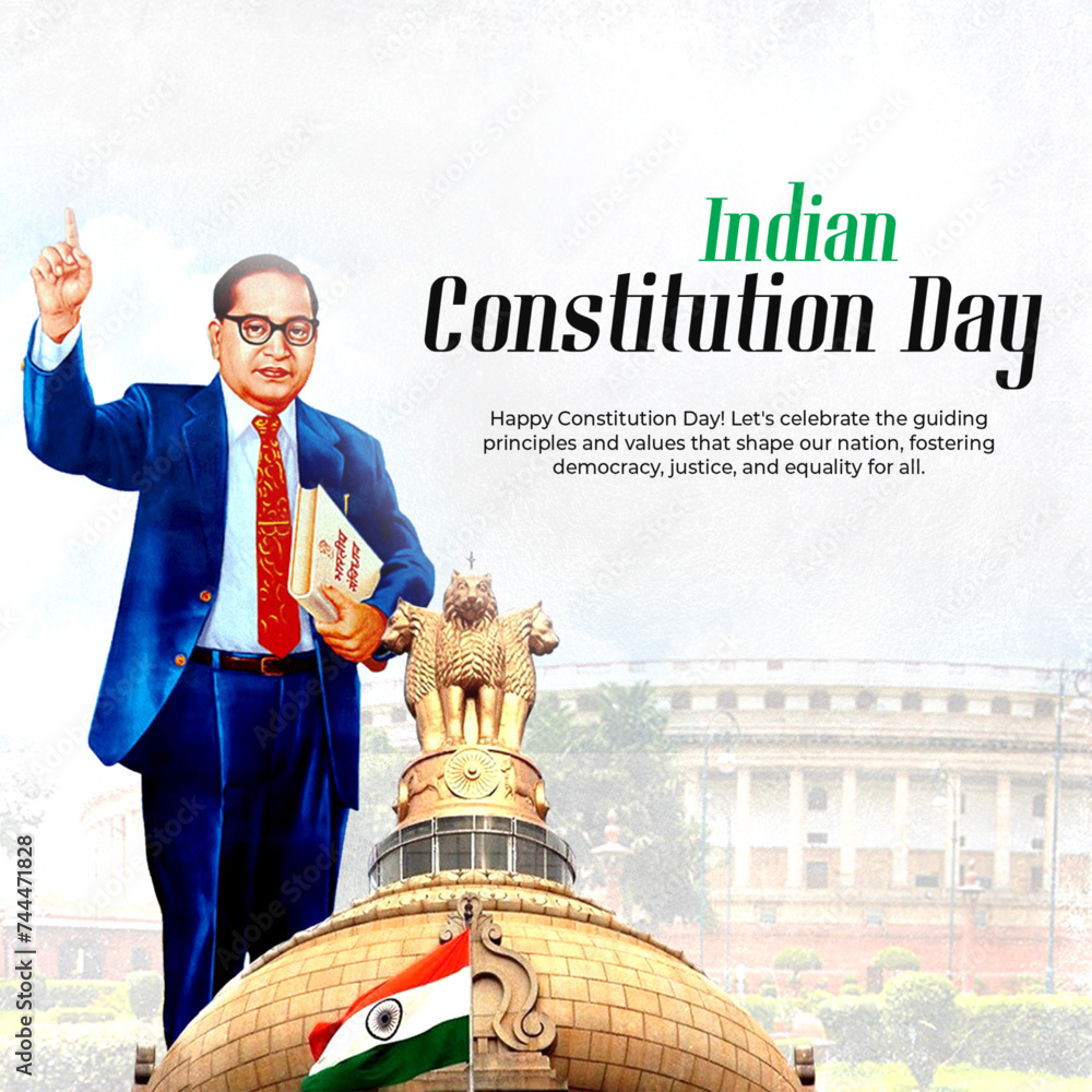 Obraz premium Indian Constitution Day Poster - Constitution and Parliament: Celebrate Indian Constitution Day with this informative poster highlighting the Constitution and the Indian Parliament.