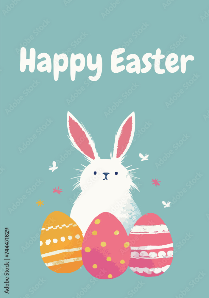 Happy Easter card with Easter bunny and spring flowers. Happy Easter card with Easter bunny and spring flowers.