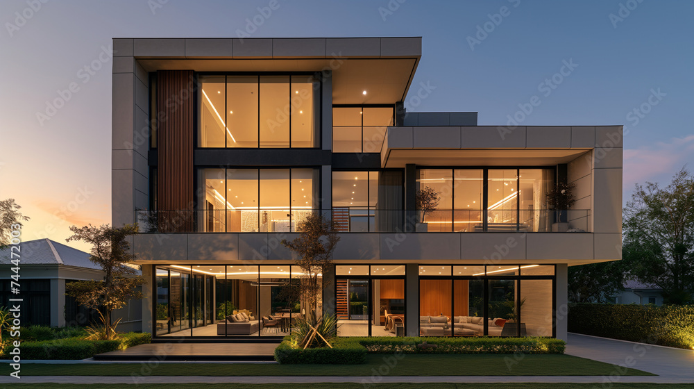 Fototapeta premium A modern two-story house with large windows and exterior lighting at dusk. 