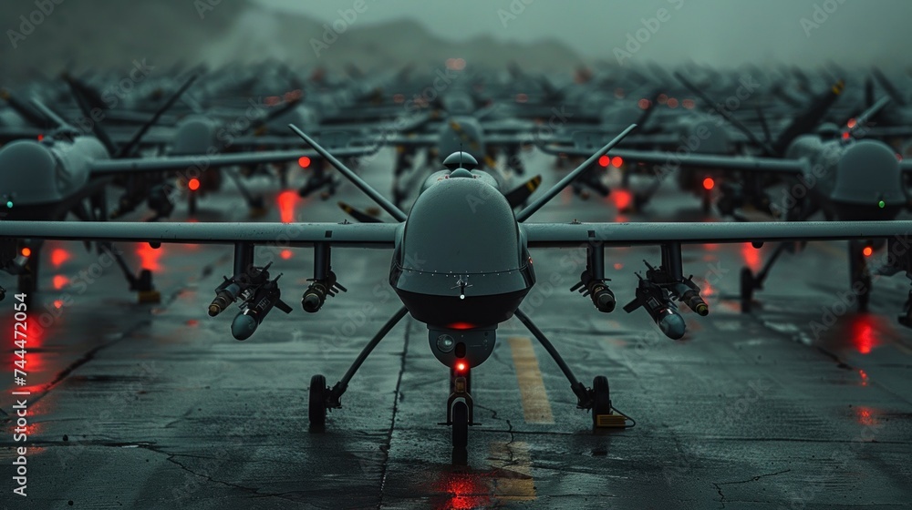custom made wallpaper toronto digitalAn army of military drones stands on the runway of a military airfield. Unmanned aircraft.