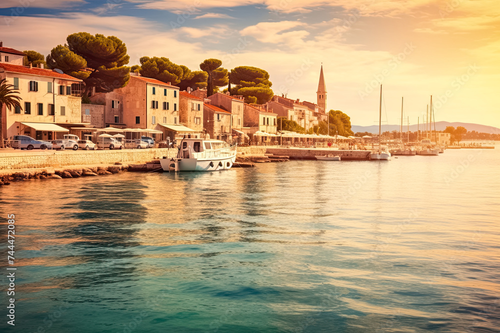Bezaubernden adriatischen Stadt am türkisfarbenen Meer, Sonnenuntergang, Generative AI