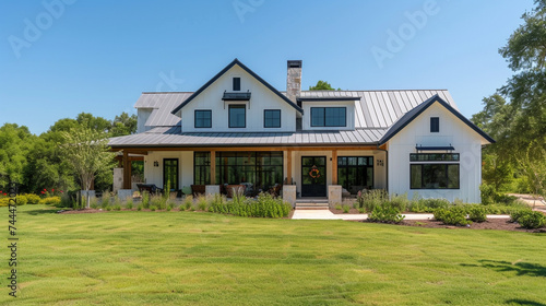 Modern farmhouse with a sleek exterior  combining traditional charm with contemporary elements  featuring a welcoming front porch and expansive windows