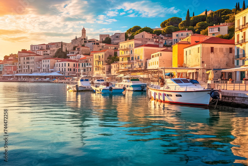 Bezaubernden adriatischen Stadt am türkisfarbenen Meer, Sonnenuntergang, Generative AI photo