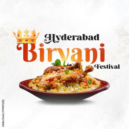 Hyderabad Biryani Festival card with a white background, featuring a dish of biryani. Celebrates the culinary tradition of Hyderabad with a message promoting the food festival