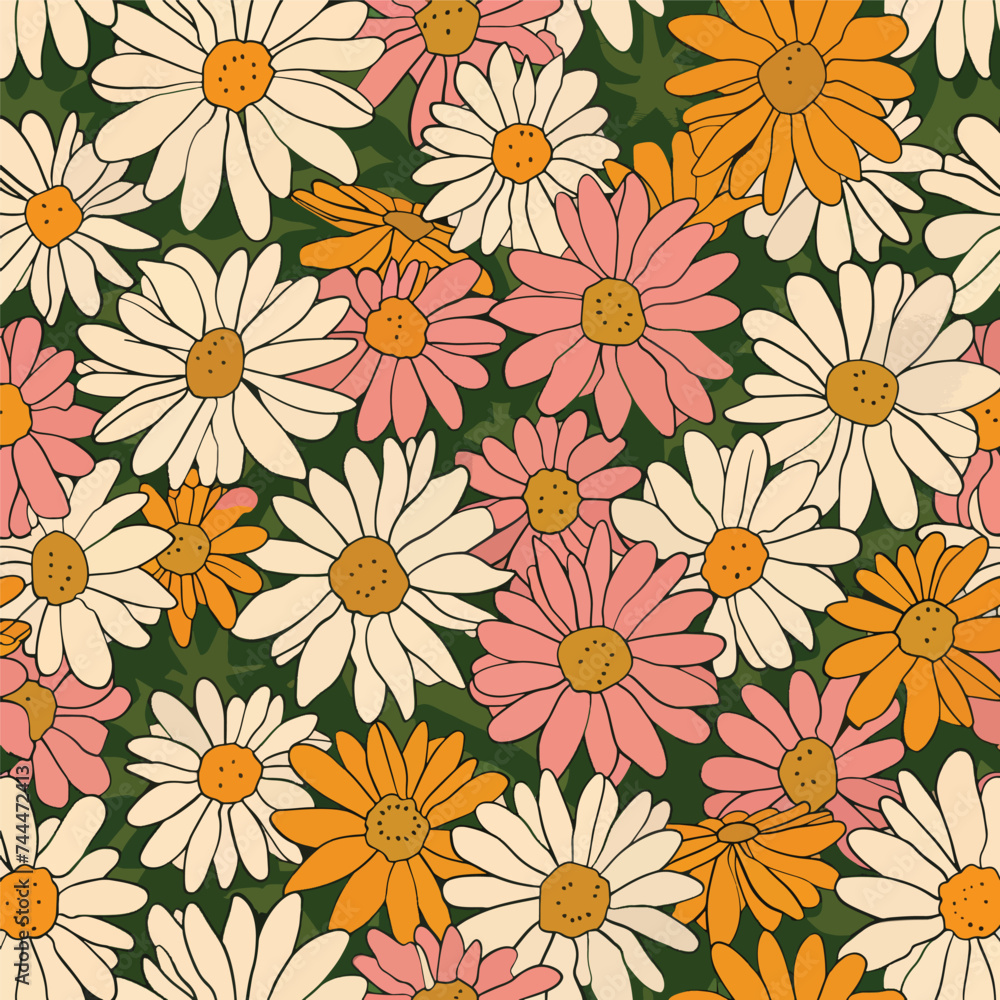 1970 Daisy Flowers HandDrawn Vector Illustration