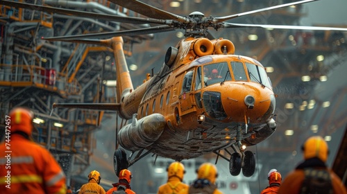 A bright orange helicopter lifts off from the wet deck of an offshore oil platform, surrounded by crew members in safety gear on a rainy day.