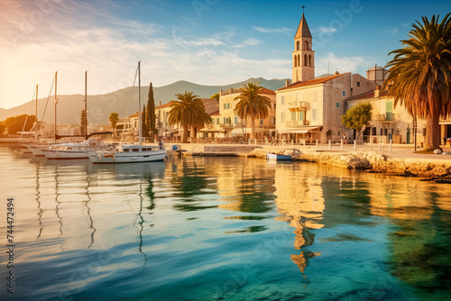Bezaubernden adriatischen Stadt am türkisfarbenen Meer, Sonnenuntergang, Generative AI © pwmotion